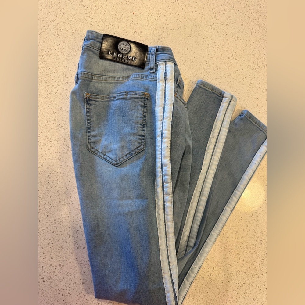 Legend London Men Jeans 28x30 Slim Fit Stretch Faded Blue w double white strips